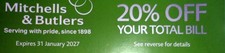 12 x 20% Off Mitchells & Butlers Vouchers 2027 HARVESTER, TOBY Miller Carter ETC