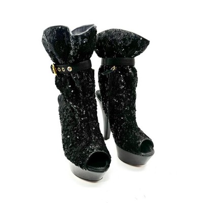 Louis Vuitton 140mm Black Sequin embellish Leather Peep Toe Platform Boots 37 EU