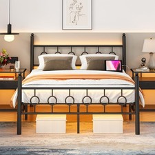 Full Size Bed Frame with Headboard, Metal Platform Bed Frame with Charging St...