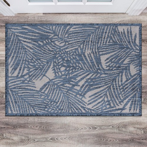 Contemporary Palm Leaf Textured Flat Weave Easy Cleaning Outdoor Rugs for Dec...