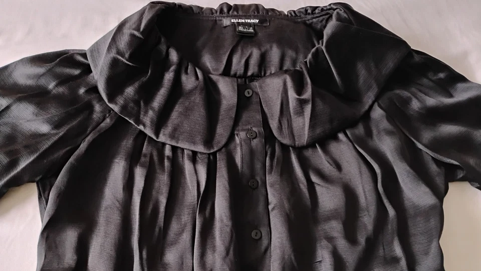 Ellen Tracy Silk Black Blouse Women's Lrg Collar Coquette Tie Waist Peplum 8/10 - Image 2 of 4