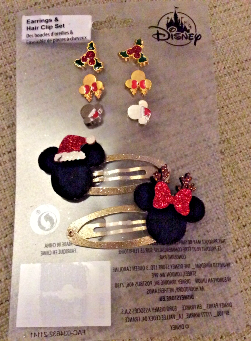 New Disney Store Christmas Set of 3 Earrings & 2 Mickey Minnie Mouse Hair Clips