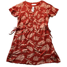 Loft Palm Floral Dress M Orange Front Button Pintuck Pleats Side Tie Relaxed NEW