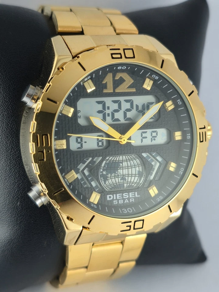 Reloj pulsera de cuarzo de lujo Diesel para hombre analógico-digital esfera negra caja chapada en oro Foto 2 de 4