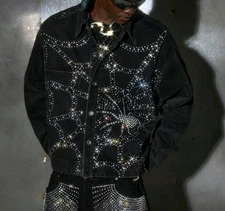 New Men Luxury Diamond Spider Rhinestones Denim Black Jeans Jacket High Quality