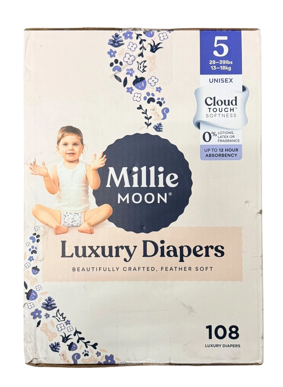 New All Natural Millie Moon Disposable Diapers JUMBO Box Cloud Touch Soft Size 5