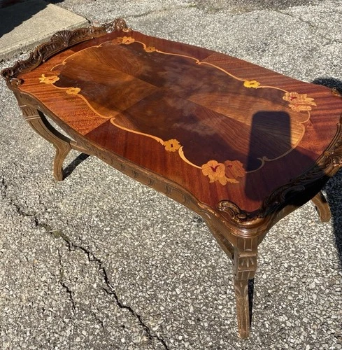 Vintage Carved Walnut Coffee Table Satinwood Inlay 1940’s Italian