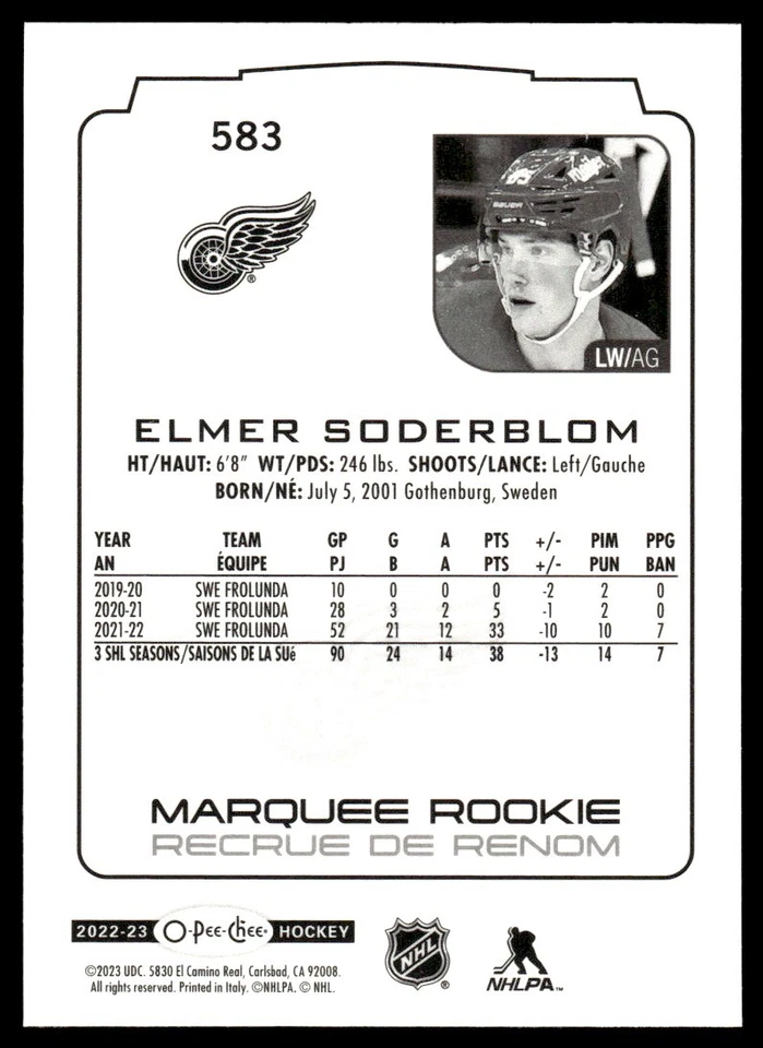 2022-23 O-Pee-Chee Elmer Soderblom Rookie Detroit Red Wings #583 - Image 2 of 2