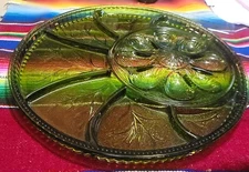 Indiana Green Glass Deviled Egg & Relish Dish Serving Platter 13" Entertaining