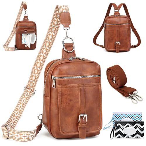 Sling Bag Crossbody Backpack Purse in Leather Cross Body Bag Big Brown