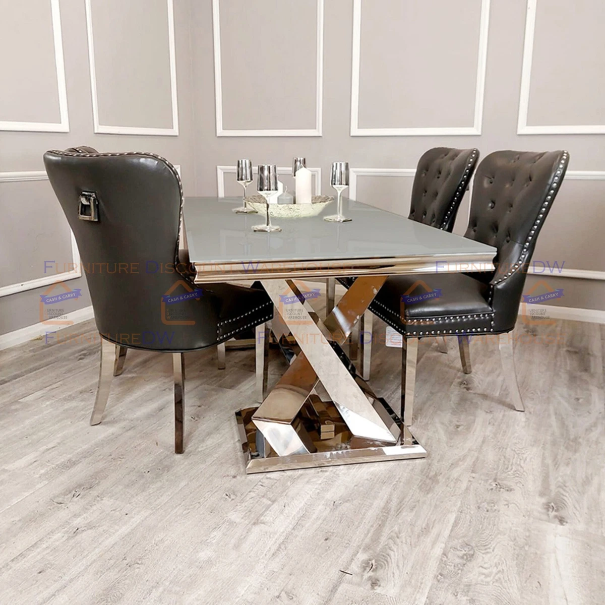 Luxury 1.8m Xavia Tempered Glass Dining Table X Stand and 4 Chairs