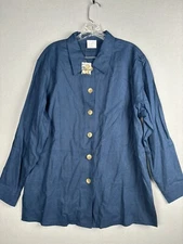 Style Studio Women’s Blouse Large Blue Button Up Top Lagenlook Shoulder 2889