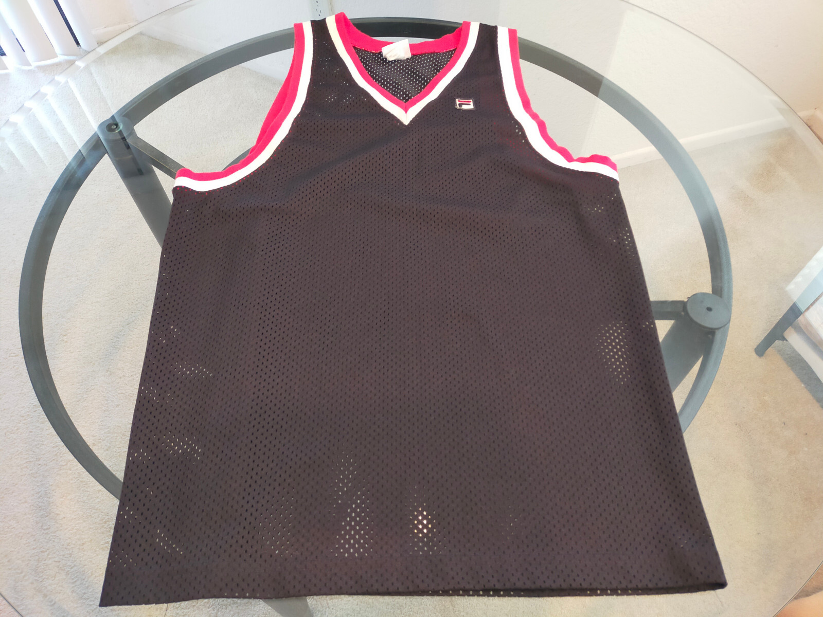 FILA T shirt canotta vintage multicolore stile scollo a V rete nera taglia media