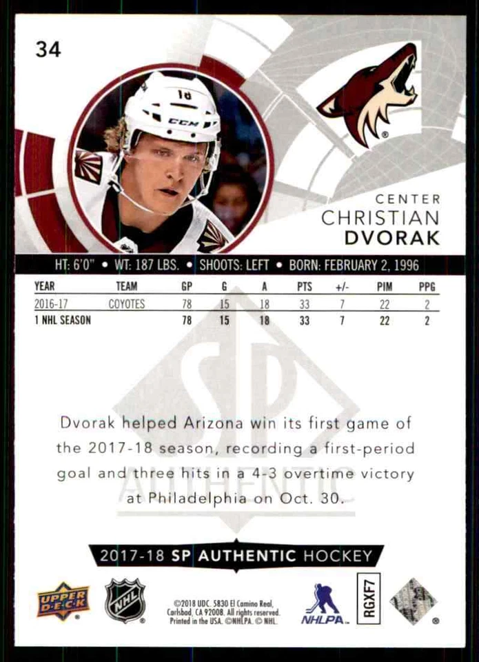 2017-18 Upper Deck SP Authentic Christian Dvorak #34 - Image 2 of 2