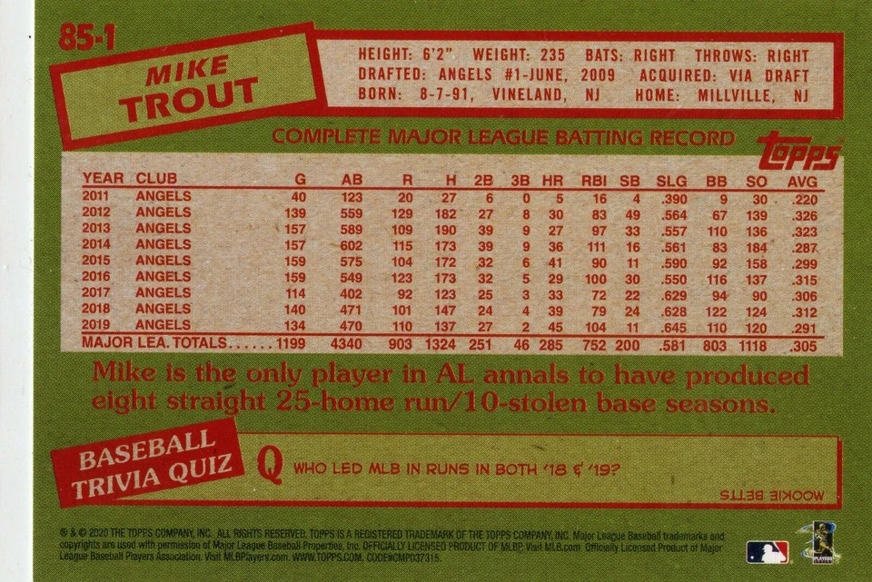 2020 Topps '85 Topps #85-1 Mike Trout - Image 2 of 2