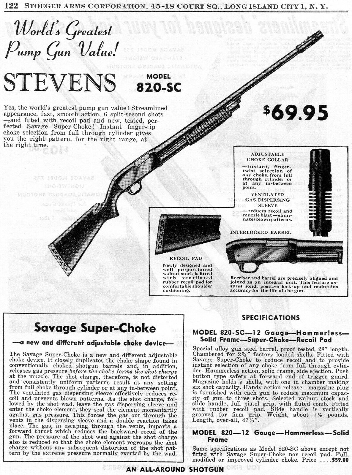 1954 Print Ad of Stevens Model 820-SC Super-Choke Pump Action Shotgun