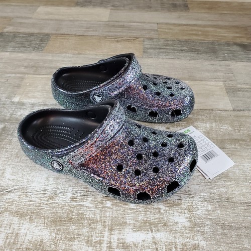 Crocs Classic Glitter Kids Clogs Sz 3 J3 Black Multi Round Toe Slip-On Shoe
