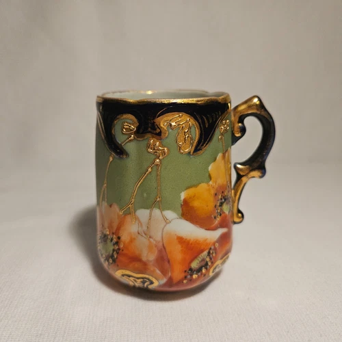 Antique Porcelain Red Poppy Demitasse Cup Hand Painted Gilded 4 oz Marked 3"Tall