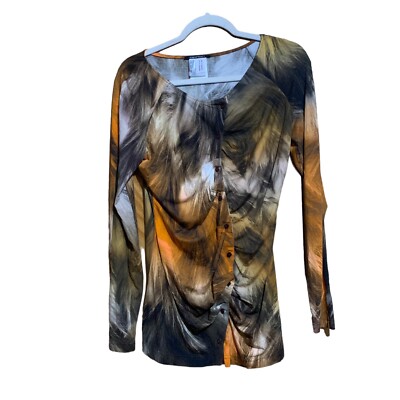 Apriori Top Womens 8 Multicolor Abstract Print Ruched Button Artsy Blouse