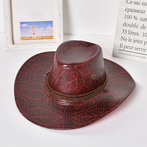 Herren PU Leder Western Cowboy Stil breite Krempe Mütze Outdoor Sonnenhut Unisex - Bild 14 von 15