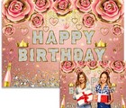 Pink Rose Flower Happy Birthday Background Rose Golden Glitter Diamond Backdrop