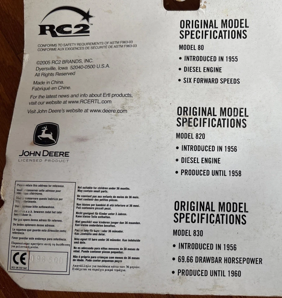 2005 1/64 RC2 John Deere 80 820 & 830 3 Pc Set 15615-7HE RARE VINTAGE SEALED NEW - Image 4 of 4