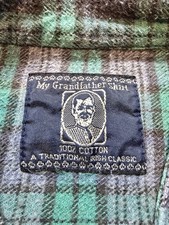 Vintage Irish Flannel Collarless Shirt Blue And Green Plaid My Grandfather