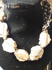 White Resin-Look Chunky Beaded Statement Necklace Black Silver Ball Chain