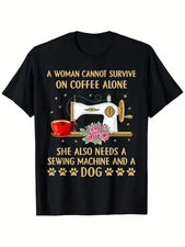Funny Sewing Dog Coffee Lover Sewing Machine Quilting Quilt T-Shirt, 100% Cotton