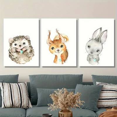 3pcs Cute Hedgehog, Squirrel, Bunny Metal Print Ready to Hang Art