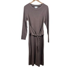 Evereve XL Brown Alfie Long Sleeve Ribbed Knit Tie Waist Midi Sweater Dress
