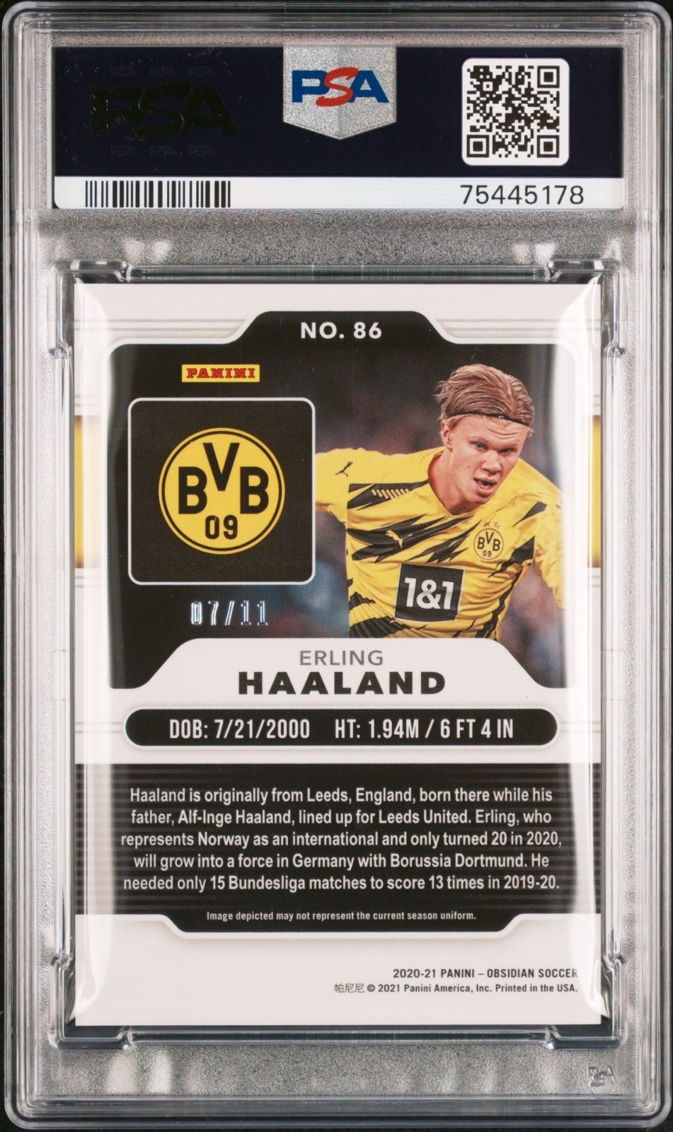 2020-21 Obsidian Erling Haaland Electric Etch White Pulsar /11 #86 PSA 10 Gem view 2