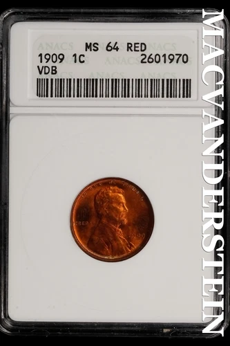 1909 VDB Lincoln Wheat Cent-ANACS MS 64 RED Gem BU No Reserve #SLL553