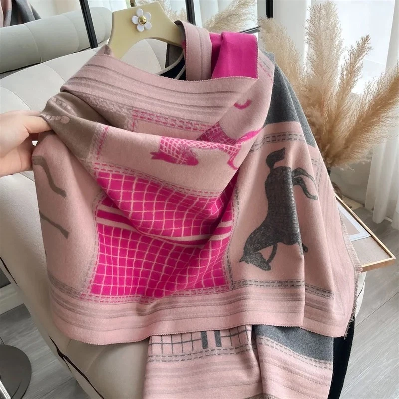 Luxury Cashmere Scarf Women Winter Thick Warm Shawl Wrap Hijab Horse Print 2026