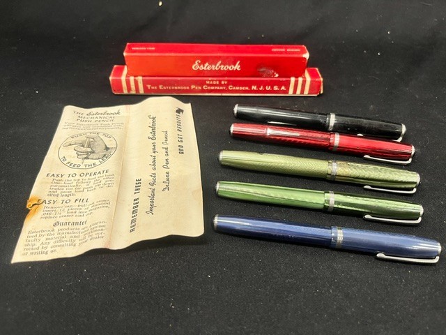 5 Esterbrook Fountain Pens  & 2 Boxes (2 Green & 1 Black, Blue & Red)