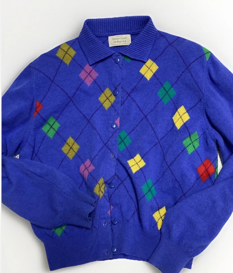 复古 20 世纪 90 年代 BENETTON Preppy Argyle Cardigan Polo 领意大利制造公主 — 第 3/4 张图片