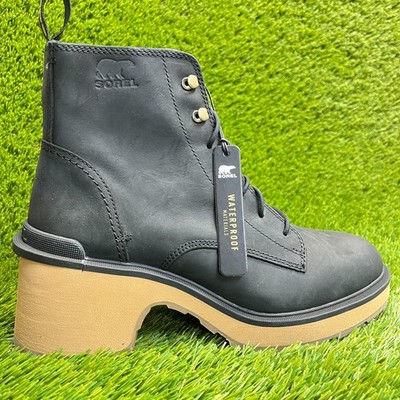 Sorel Hi-Line Womens Size 9 Black Leather Waterproof Lace Up Heel Platform Boots