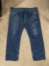 Levi's 505 Jeans Mens 40x30 Blue Denim Cotton Stretch Frayed Hem Straight Leg