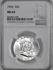 1953-P  50C  FRANKLIN SILVER HALF DOLLAR PHILADELPHIA MINT NGC MS64 #8344591-035