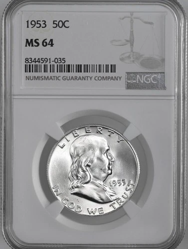 1953-P  50C  FRANKLIN SILVER HALF DOLLAR PHILADELPHIA MINT NGC MS64 #8344591-035