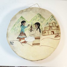 Vintage Native American Rawhide Drum Hand Painted Children Playing 12 Taos