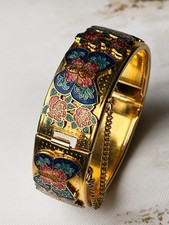 Vintage Cloisonne Hinged Bangle Bracelet Butterfly Floral Gold Tone Safety Chain
