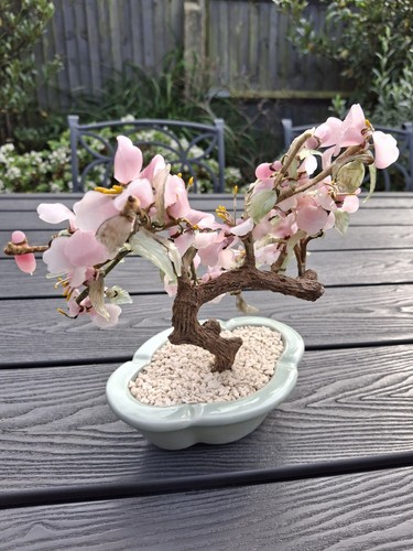 Bonsai Tree Pink Glass Rose Quartz In Pot Jade Cherry Blossom Celadon Vintage - Picture 12 of 12