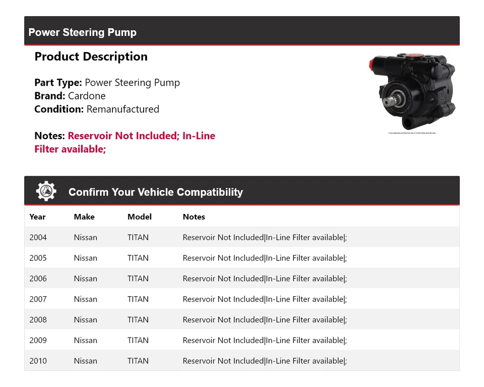 Bomba de dirección asistida Cardone para Nissan TITAN 2004-2010 2005 2006 2007 2008 2009 Foto 2 de 4