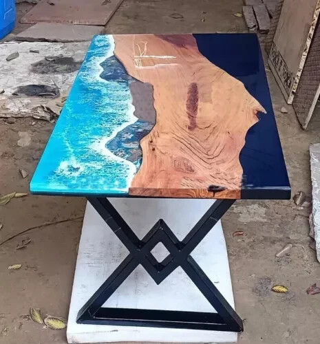 Epoxy Resin Dining Table with Blue Ocean Waves Design for Home Decor
