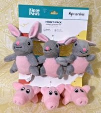 ZippyPaws 6-Pack MINIZ BUNNIES & PIGS Squeaky Plush Dog Toy New -FREE SHIPPING-