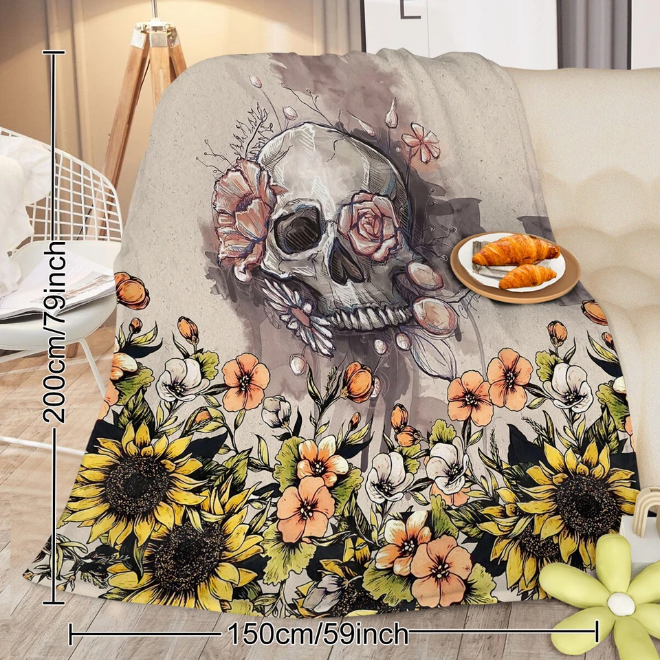 Warm Skull Flannel Fleece Blanket Sunflower Throw Blanket for Bed Sofa 59"x79" - Image 3 of 4
