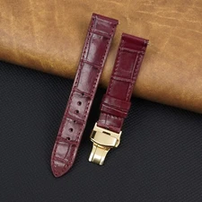 22mm Red Leather Watch Band Gold Deployment Buckle Flat Crocodile Watch Strap
