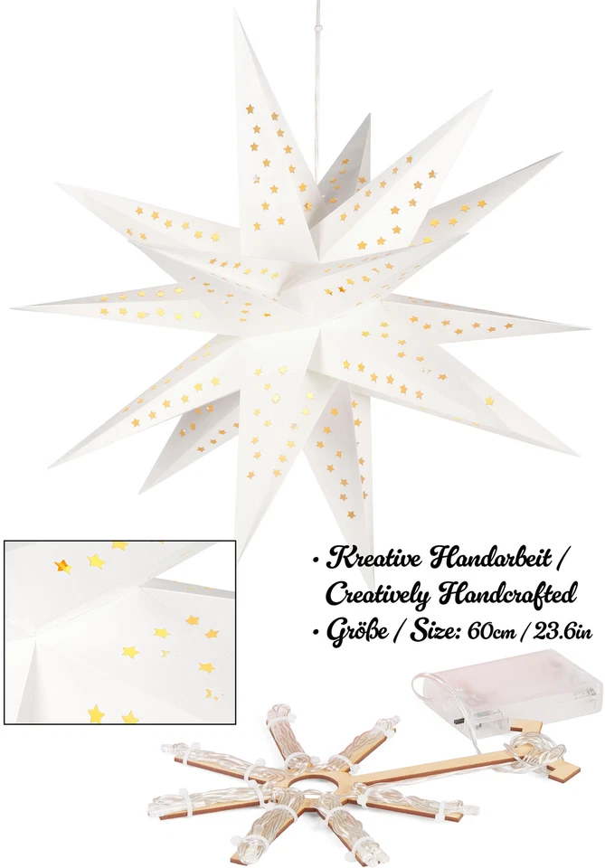 Paralume 3D Lanterna Luci LED Stella di Natale 60cm Timer Pentagramma di Carta - Immagine 4 di 4