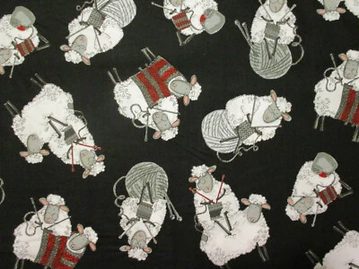 TIMELESS TREASURES SHEEP YARN BALLS SKEINS KNITTING NEEDLES WOOL BLK RED GRAY COTTON FABRIC BTHY
